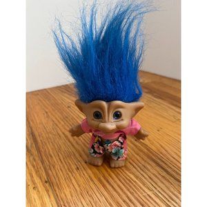Vintage Blue Hair + Blue Star Belly Jewel Ace Novelty Co Troll with Pink Floral